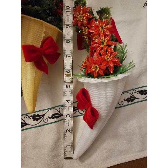 2 Vintage Christmas Plastic Cornucopia Holly & Berries Decor Flocked Bows (gg217 - Picture 6 of 6